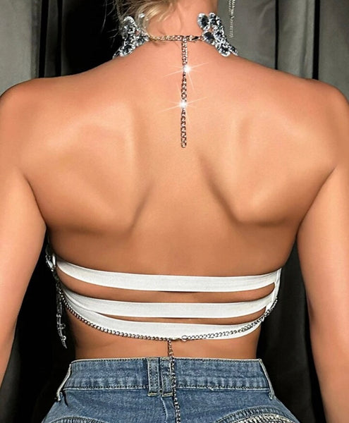 Women Sexy Fashion Halter Rhinestone Sleeveless Crop Top