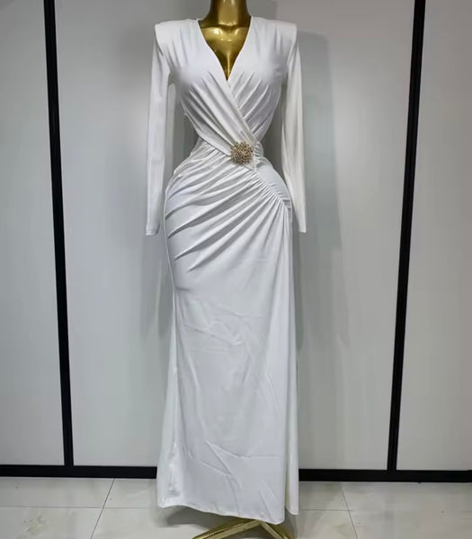 Women White Cut Out Ruched Full Sleeve Bling Pin Maxi Dress