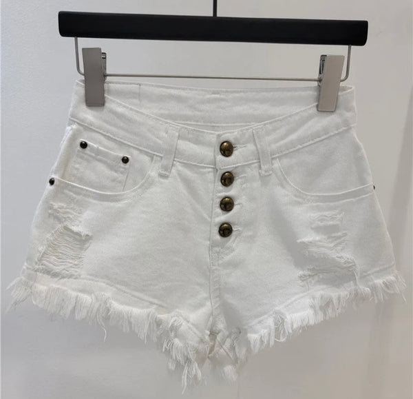 Women Ripped Fringe Button Up Denim Shorts