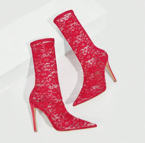 Women Fashion Red Lace High Heel Ankle Boots