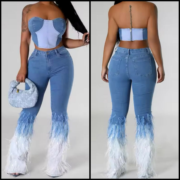 Women Sexy Strapless Denim Two Piece Feather Pant Set