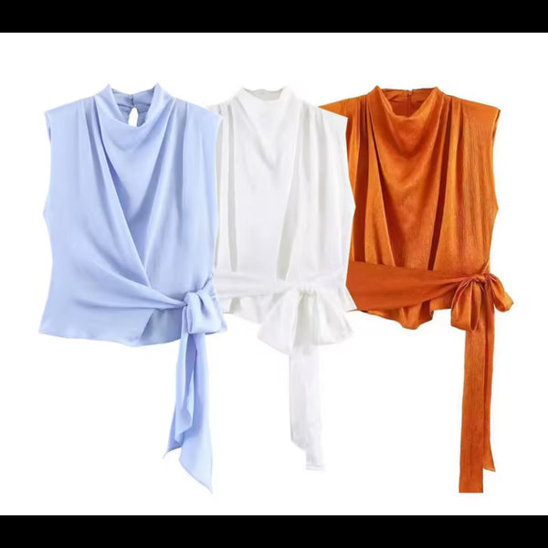 Women Sleeveless Satin Ruched Tie Up Top