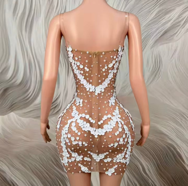 Women Sexy Sleeveless White Beaded Sequins Mesh Dress