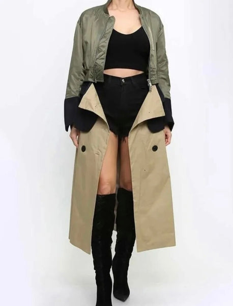 Women Fashion Color Patchwork Zip Up Trench Jacket