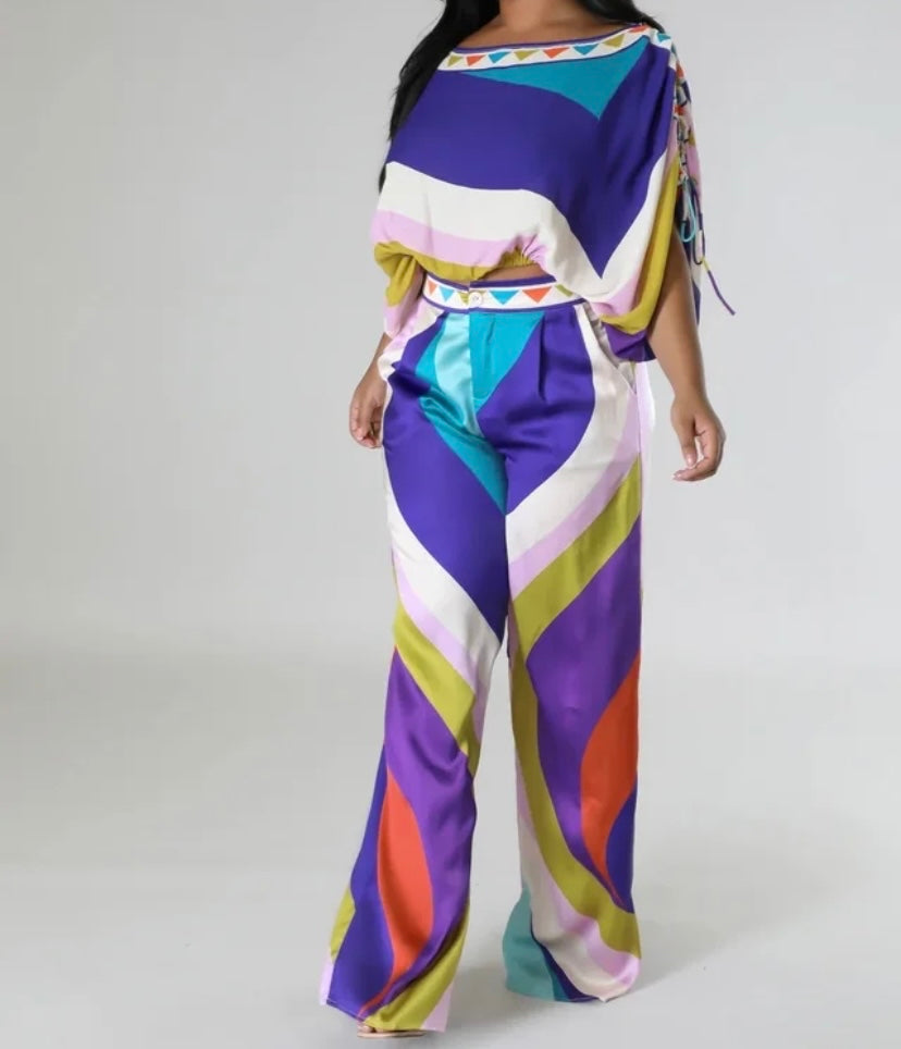 Women Fashion Multicolored Short Sleeve Two Piece Pant Set