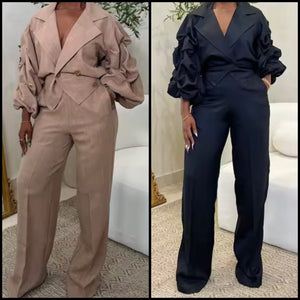 Women Fashion Ruffled Full Sleeve Two Piece Pant Set