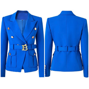 Women Blue Fashion Letter Belted Full Sleeve Blazer Top