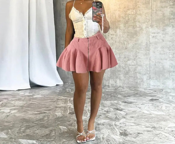 Women Sexy Pink Pleated Denim Skirt