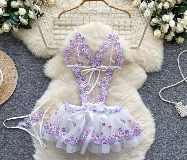 Women White Floral Print Sexy Mesh Lingerie Set