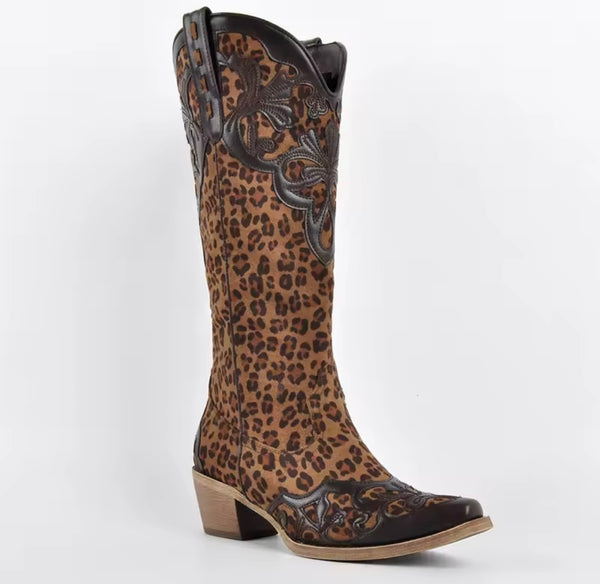 Women Color Patchwork Fashion Knee High Western Boots