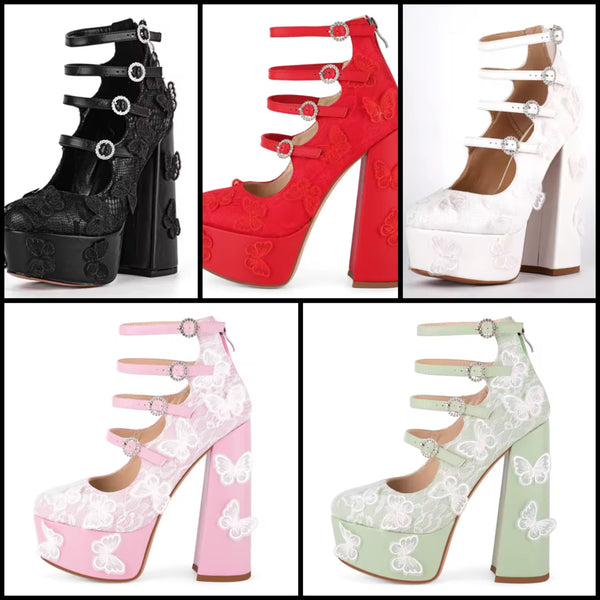Women Fashion Platform Lace Butterfly Ankle Strap High Heels