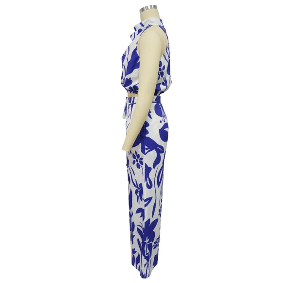 Women Sleeveless Color Patchwork Printed Two Piece Fashion Pant Set