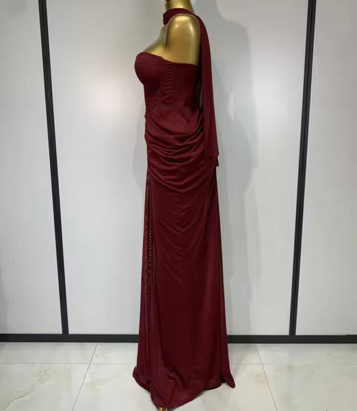 Women Sexy Strapless Ruched Maxi Dress