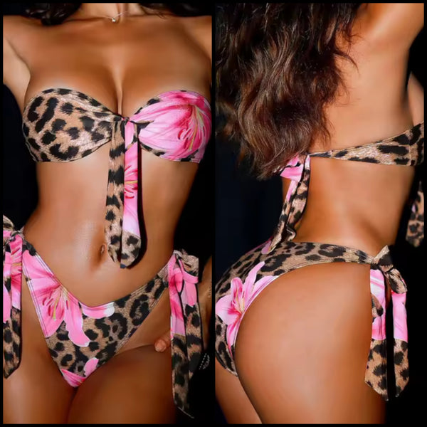 Women Strapless Leopard Pink Floral Bikini Swimsuit