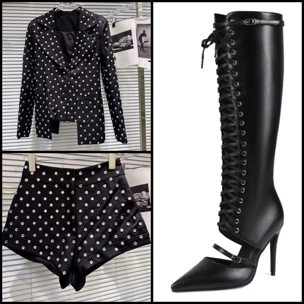 Women Fashion Black Pointed Toe Buckled Lace Up Knee High Boots