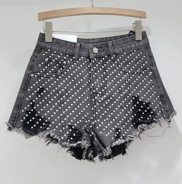 Women Fashion Ripped Rhinestone Patchwork Denim Shorts