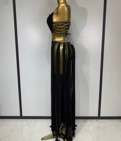 Women Sexy Sleeveless Chain Lace Up Mesh Maxi Dress
