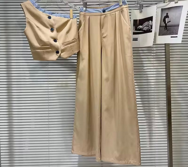 Women Button Up One Shoulder Blazer Vest Two Piece Pant Set