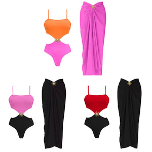 Women Sexy Color Patchwork Cut Out Swimsuit Cover Up Set