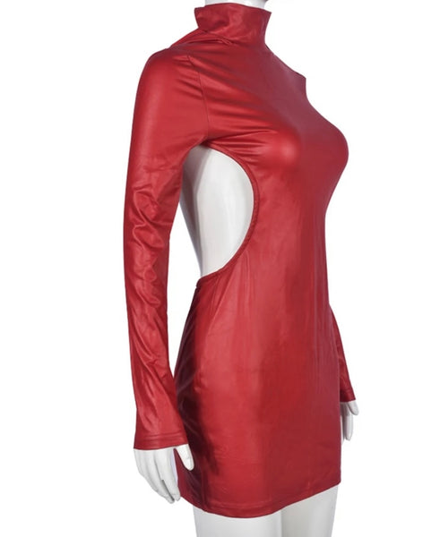 Women Sexy Red PU Hooded Open Back Full Sleeve Dress