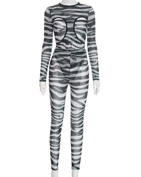 Women Sexy B&W Zebra Print Mesh Two Piece Pant Set