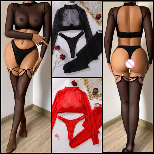 Women Sexy See Through Mesh Full Sleeve Lingerie Set