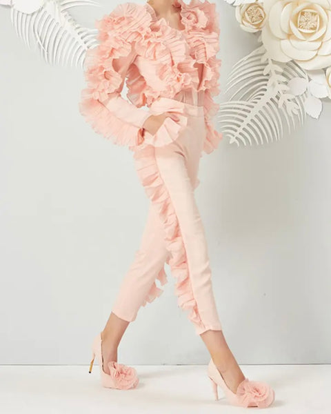 Women Ruffled Full Sleeve Fashion Two Piece Pant Set