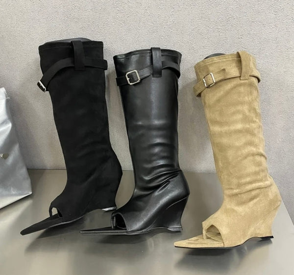 Women Pointed Open Toe Faux Leather/Suede Buckled Knee High Boots