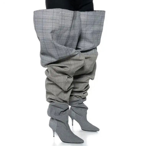 Women Fashion Plaid Thigh High Boots