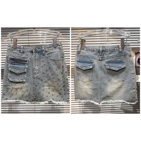 Women Zipper Pocket Rhinestone Ripped Denim Skirt
