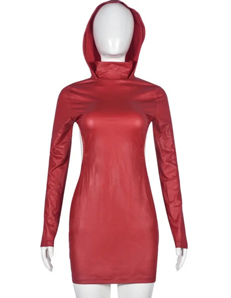 Women Sexy Red PU Hooded Open Back Full Sleeve Dress