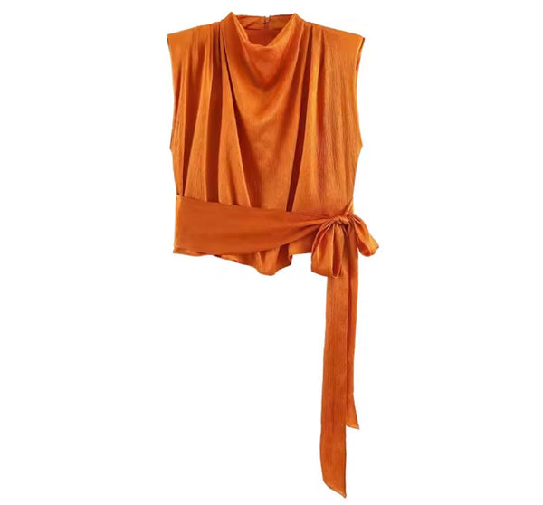 Women Sleeveless Satin Ruched Tie Up Top