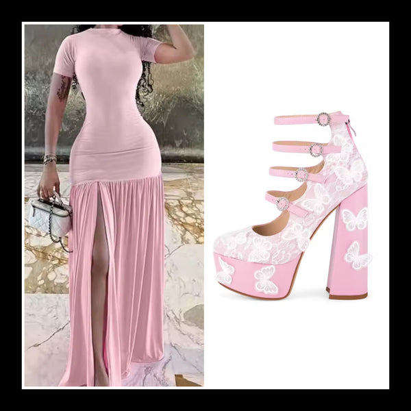Women Sexy Pink Short Sleeve Pleated Maxi Dress