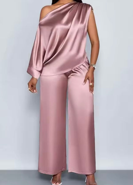 Women Color Slope Neck Short Sleeve Two Piece Satin Pant Set