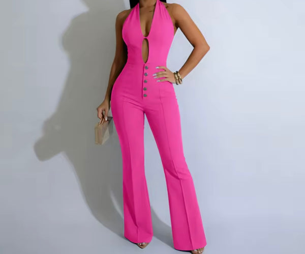 Women Sexy Button Cut Out Halter Sleeveless Jumpsuit