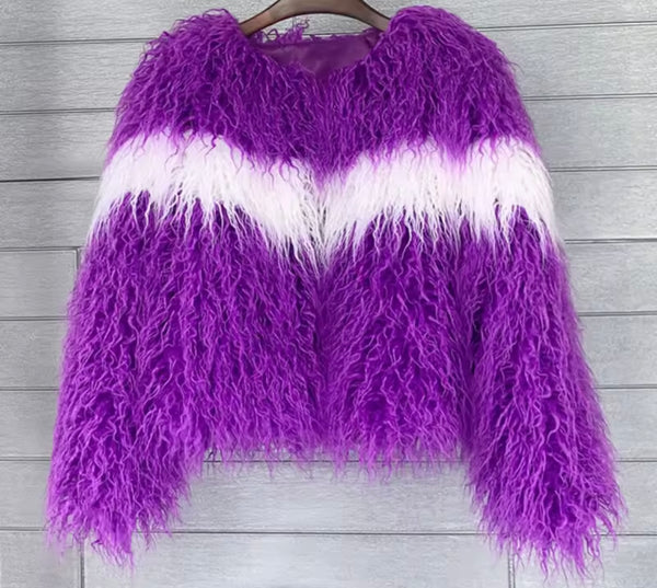 Women Fashion Color Patchwork Striped Faux Fur Sweater Top