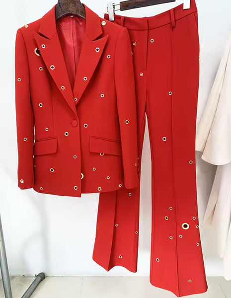 Women Rivet Full Sleeve Fashion Blazer Two Piece Pant Set