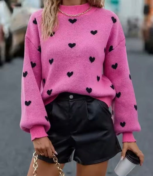 Women Color Heart Print Fashion Sweater Top