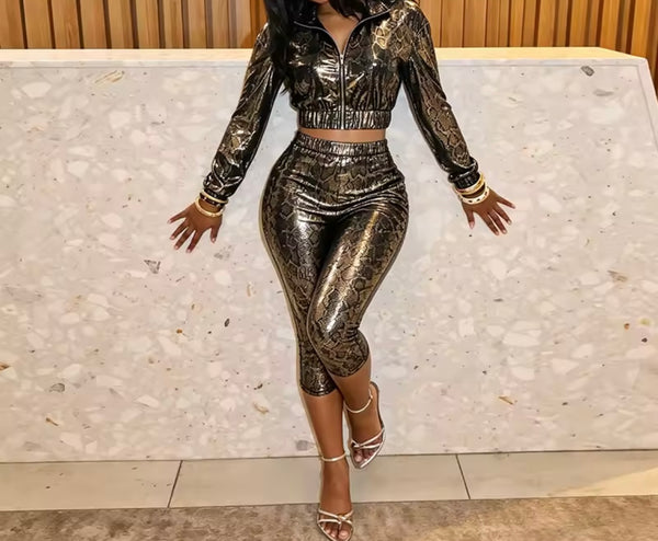 Women Fashion Zip Up Animal Print Two Piece Capri Pant Set