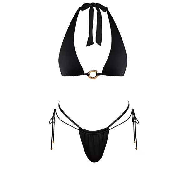 Women Sexy Black Halter Bikini Lace Cover Up Set