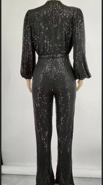 Women Sexy Sequins V-Neck Full Sleeve Tie Up Jumpsuit