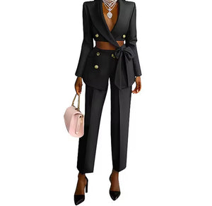 Women Fashion Cut Out Full Sleeve Blazer Two Piece Pant Set