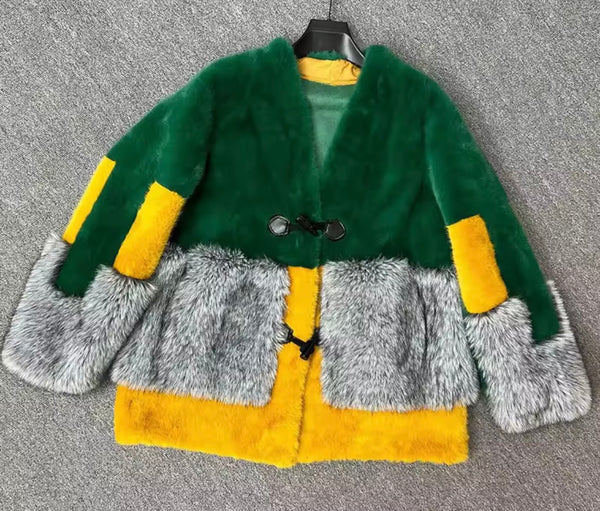 Women Fashion Color Patchwork Faux Fur Jacket
