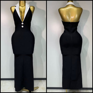 Women Sexy Collar Halter Sleeveless B&W Maxi Dress