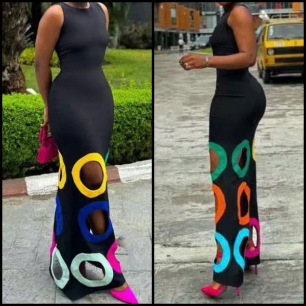 Women Black Sexy Sleeveless Color Cut Out Circle Maxi Dress