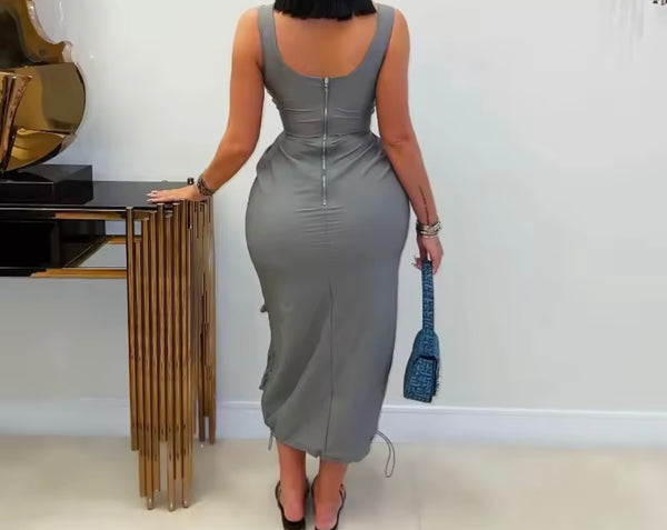 Women Sexy Sleeveless Gray Cargo Maxi Dress