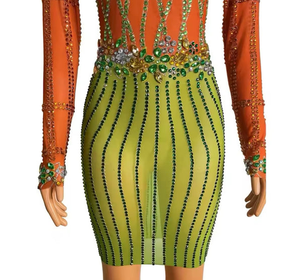 Women Sexy Rhinestone Color Patchwork Full Sleeve Mesh Dress