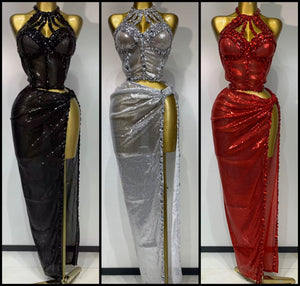 Women Sexy Halter Sleeveless Sequins Crystal Two Piece Maxi Skirt Set