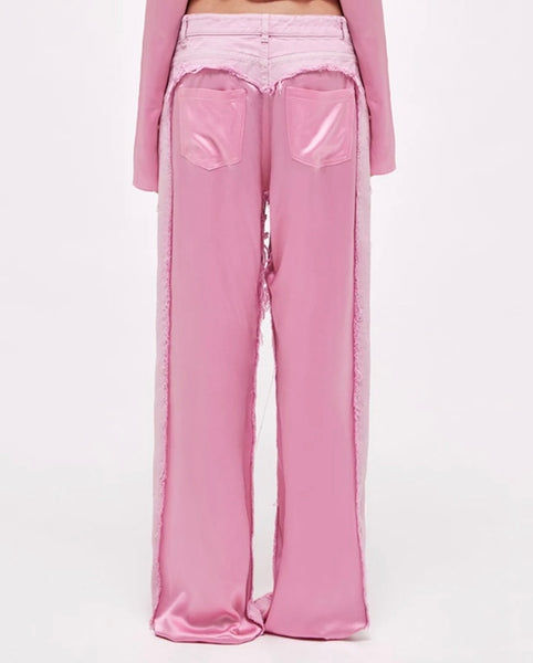 Women Fashion Pink Denim Patchwork Pants