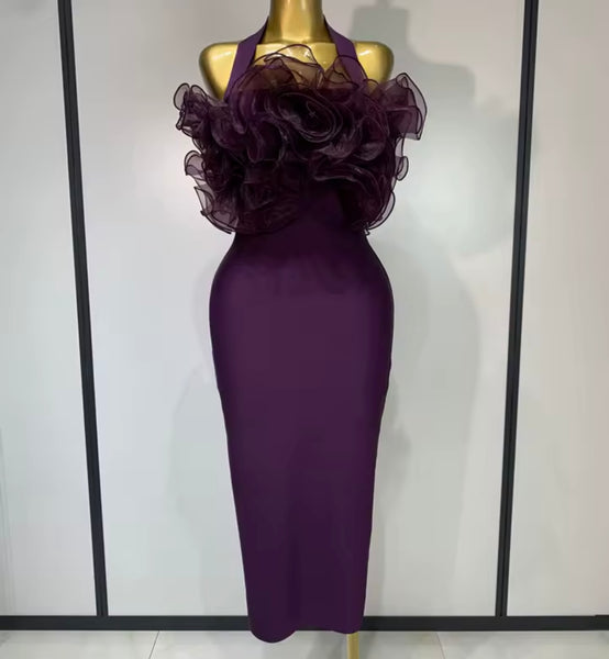Women Sexy Purple Halter Ruffled Maxi Dress